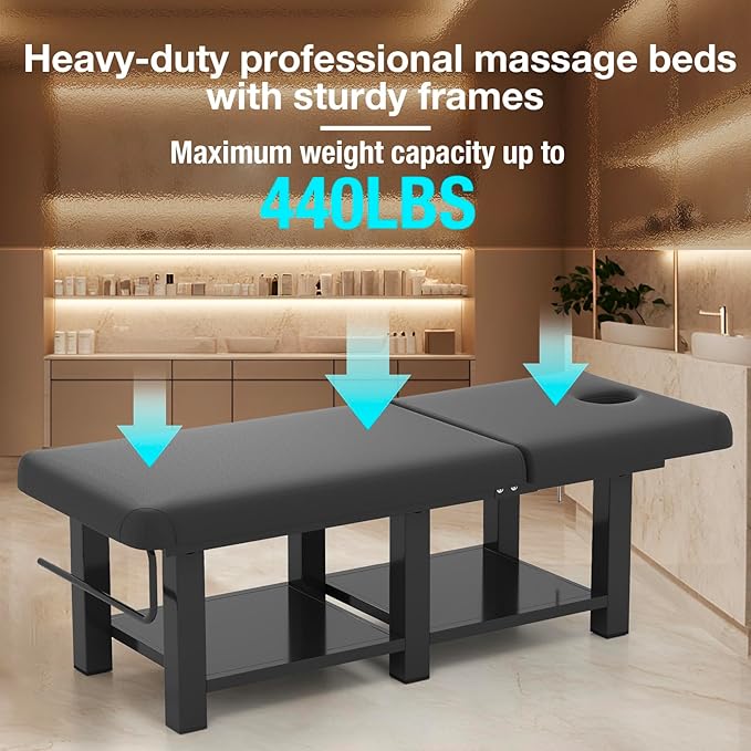 Professional Massage Table Heavy Duty - Adjustable Spa Facial Bed with Open Chest & Headrest, PU Leather, Metal Frame for Physical Therapy, Tattoo, Salon, Treatment - Black