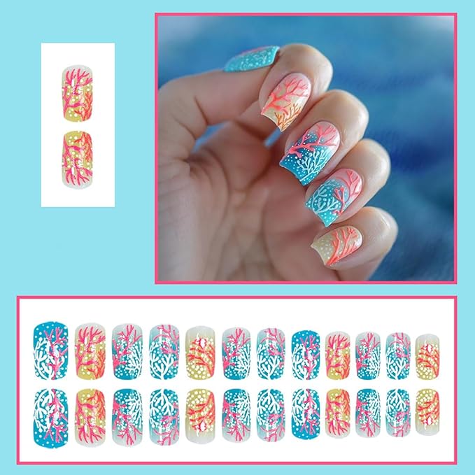 Summer Press on Nails Medium Square Fake Nails Ocean False Nails Pink Coral White Polka Dots Blue Gradient Design Summer Full Cover Reusable Stick on Nail for Women Decoration Nail Art