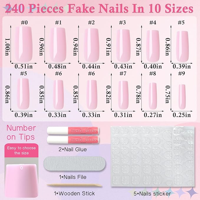 LuckForever 240pc Square Press on Nails Long Fake Nails, Long Press on Nails Square Nail Tips Full Cover Pink Acrylic Nails Press ons Nail False Fingernail with Glue Adhesive Tabs for Women Girls