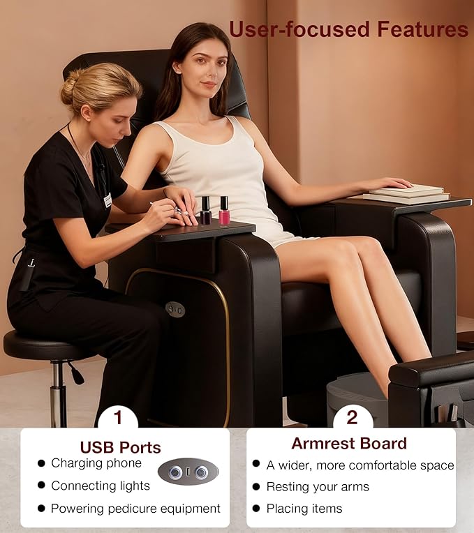 VARONXE Electric Reclining Pedicure Chair No Plumbing for Foot Spa, Profesional Pedicure Stand with Tool Pouch for Nail Teach, Ergonomic Pedi Sofa with Sliding Tray for Small Spaces, Black