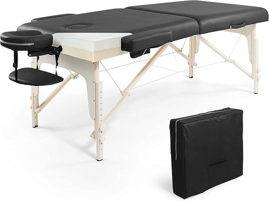 Fencer Wire 84 Inch Premium Memory Foam Massage Table, Foldable Massage Bed, Height Adjustable Spa Bed, Facial Cradle Salon Bed Wooden Legs & Carry Case, Black, 32 Inch Wide