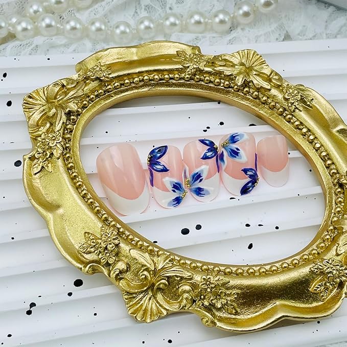 24Pcs White French Tip Press on Nails Medium Almond 3D Flower Fake Nails with Gold Pearl Designs Glossy Artificial Acrylic Full Cover False Nails Blue Floral Nails Summer Press ons for Women Manicure