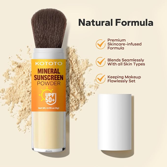 Kototo Powder Sunscreen for Scalp (0.176 oz), Brush On Sunscreen Powder SPF50, Lightweight Breathable Mineral Sun Screen Protector for Face & Scalp, Travel-Friendly, Non-Greasy & Invisible Finish
