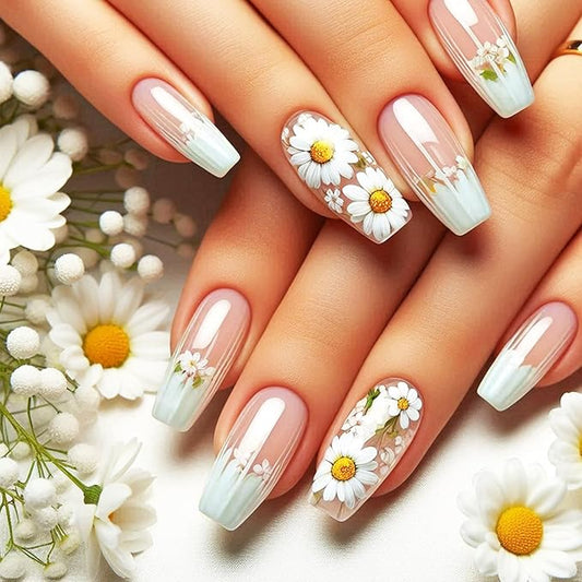 24Pcs Spring Flower Press on Nails Medium Coffin Acrylic False Nails Glossy Green French Tips Fake Nails Daisy Stick on Nails Chrysanthemum Gel Glue on Nails for Coquette Women Girls