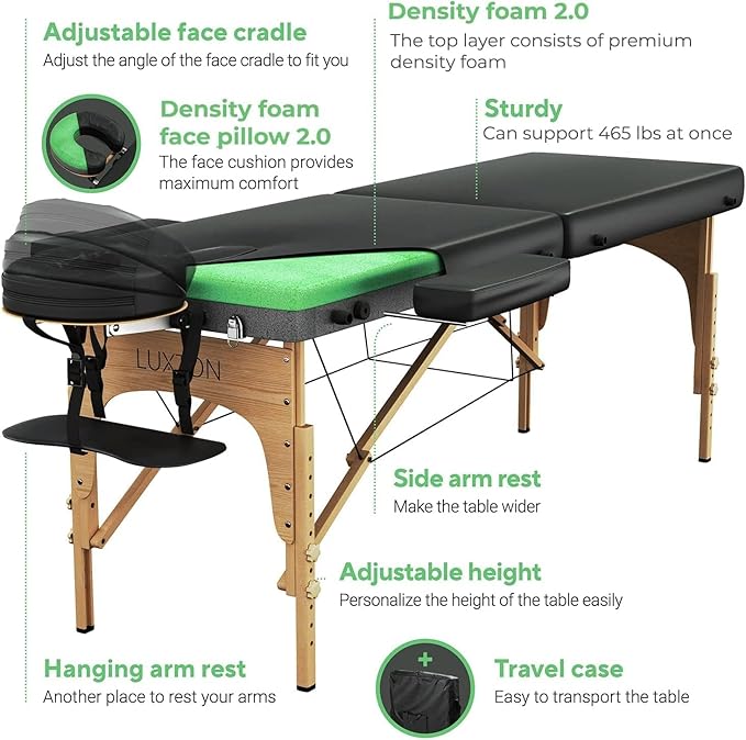 Luxton Home Premium Foam Massage Table Portable Foldable Massage Bed Height Adjustable, 72 Inches Long 27 Inches Wide Home Salon Spa Bed Tattoo Table with Accessories & Rolling Case, Easy Set Up