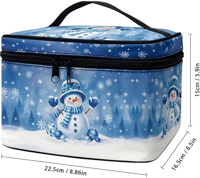 Cute Snowman Travel Makeup Bags for Women Snowflake Print Portable Tote Cosmetic Case with Carry Handle Toiletry Accessories Storage Organizer Bags for Christmas, Blue
