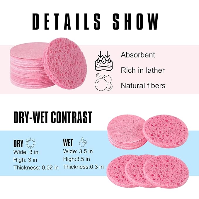 100 Pack 3 inch Compressed Facial Sponges, Gentle Exfoliating and Makeup Remover, Reusable and Soft ，(round 3inch)