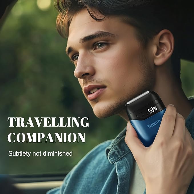 Electric Foil Shaver for Men: Portable Electric Razor for Beard/Face - 3 Floating Blade LED Display USB-C Fast Rechargeable - IPX7 Waterproof for Travel & Home - Blue