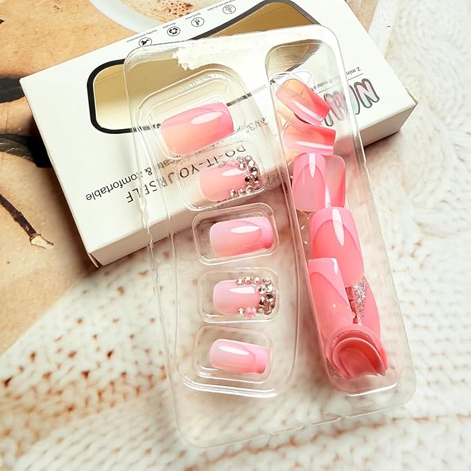 Pink French Tip Press on Nails Short Square Fake Nails with 3D Rhinestone Designs Glossy Pink False Nails Glitter Crystal Nail Tips Acrylic Nails Press on Artificial Nail Set for Women Manicure 24Pcs