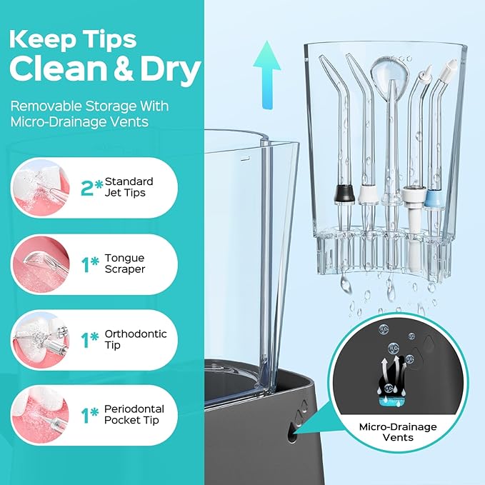 COSLUS Excellent Water Flosser for Teeth Cleaning: 12 Pressure Settings & 2 Modes for Orthodontic, Braces, Sensitive - Patented Storage, 5 Jet Tips and 600ML Tank for Family, Home Use, Black, E2
