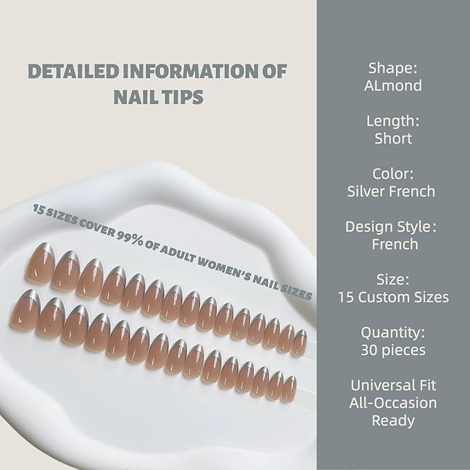Press on Nails – Short Almond Silver French Tip Fake Nails, 30pcs in 15 Sizes, Durable & Reusable Glue-on Nails for Women & Girls, Elegant Design for Any Occasion