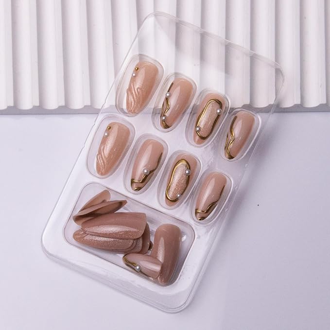 Press on Nails Almond Fake Nails Cat Eye False Nails with Gold Line Design Nude Glue on Nails Press ons Medium 3D Acrylic Nail Glossy Full Cover Stick on Nail for Women Manicure 24Pcs