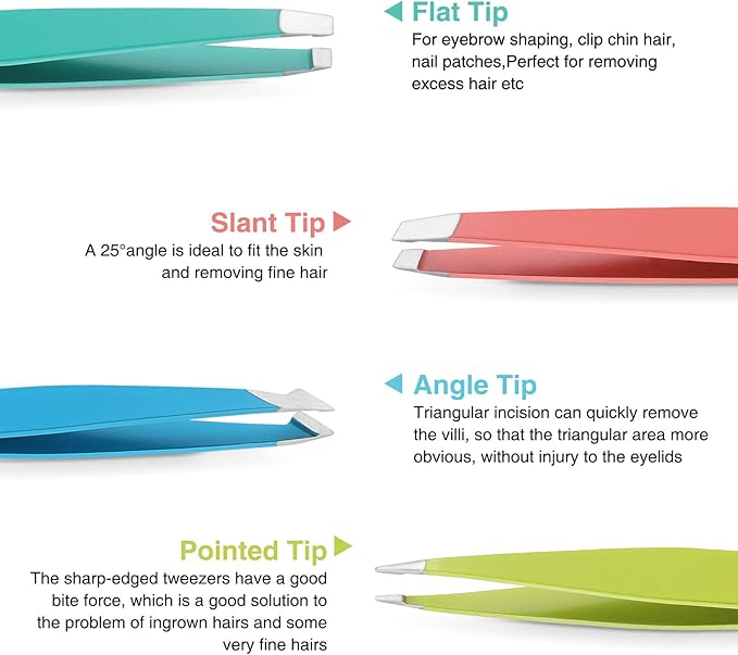 HAWATOUR Tweezers Set, 4Pcs Eyebrows Tweezers for Women, Great Precision for Ingrown Hair, Splinter, Facial Hair Removal, Multicolored