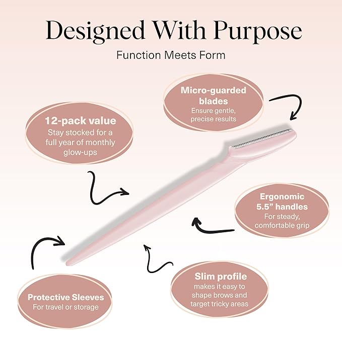 Kitsch Dermaplane Razor for Women Face - Face Razors for Women and Men - Eyebrow Trimmer, Shaver, Recycled Plastic Dermaplaning and Skin Care Tool - Blush, 12 pcs