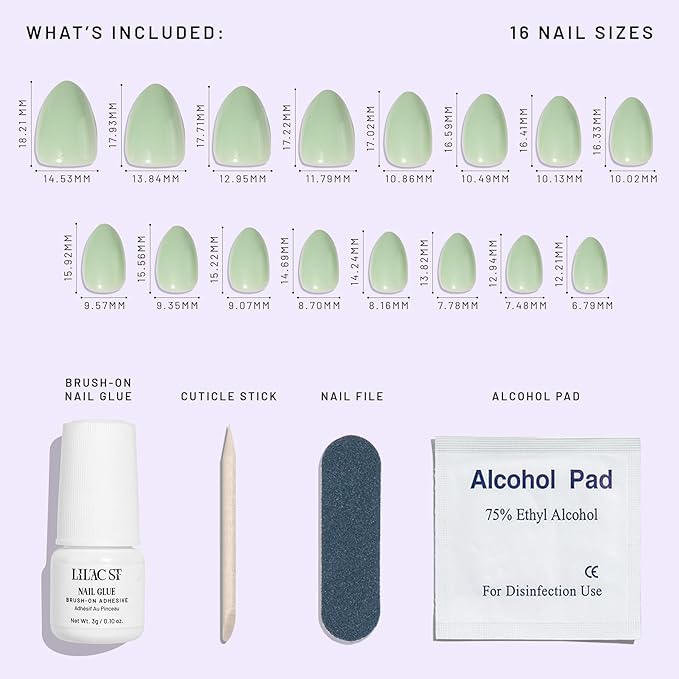 Lilac St - Press on Nails, Eden (30 Nails, 15 Sizes) - Short, Almond, Glossy, Opaque - Brush-On Nail Glue, Nail File, Cuticle Stick, Prep Pad - Cruelty Free, Vegan, Women Founded