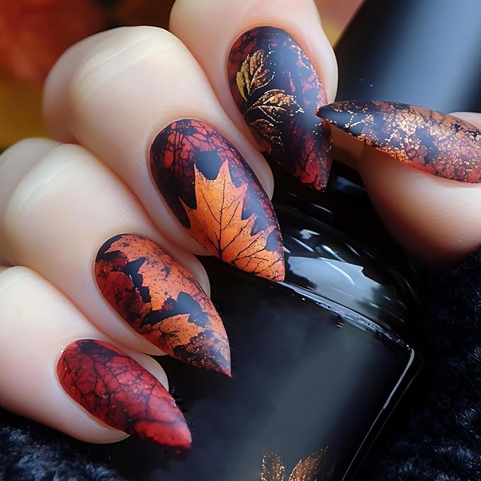 24Pcs Autumn Press on Nails Almond Medium Fake Nails Fall Leaves Acrylic Nails Maple Leaf Design Glossy Reusable Glue on Nail Full Cover Thanksgiving Stick on Nails for Women DIY Manicure