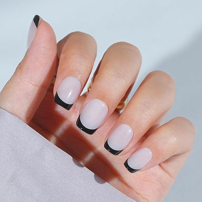 French Tip Press On Nails - Gothic Square,Black Halloween Press On Nails, Acrylic Square Short Halloween Nails with Nail Glue, Fit Perfectly & Natural Stick On Nails in 16 Sizes - 32 PCS Soft Gel Kit