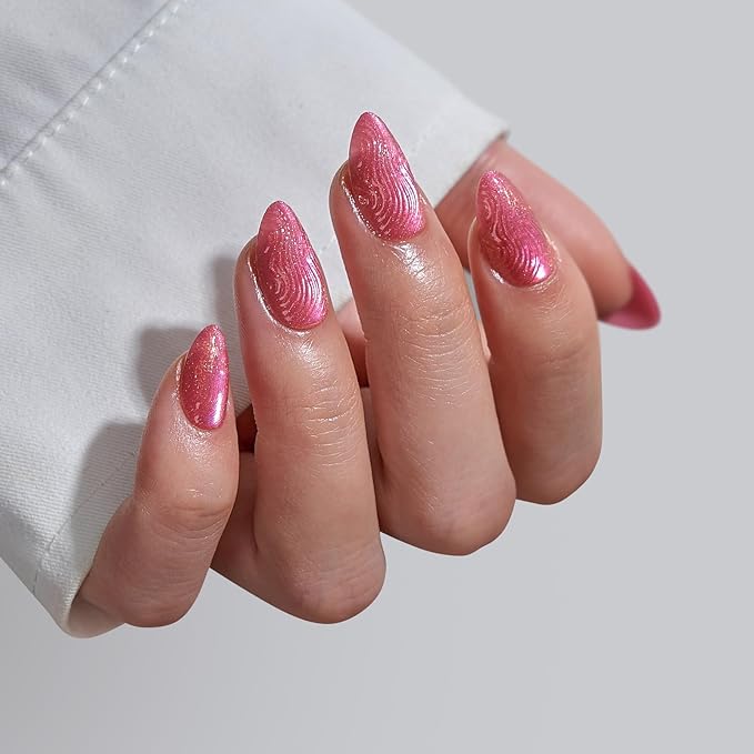 BTArtbox Press On Nails Short - 3D Sculpting Red Cat Eye Almond Press On Nails with Glue for Women, Opaque Soft Gel Glue On Nails in 16 Sizes - 32 Stick On Nails Kit, Crystal Wave