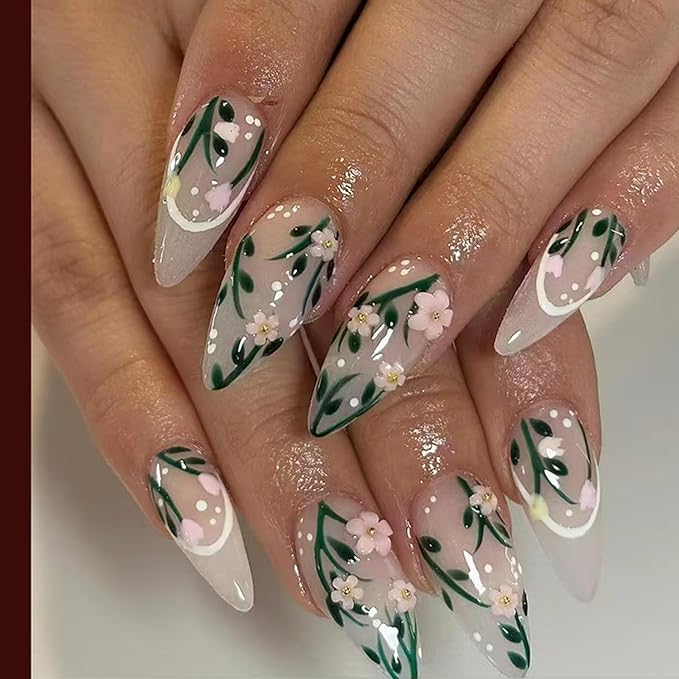 24Pcs Medium Press on Nails Almond Fake Nails with Flower Charms Cute Tulip Floral Leaf Nail Design Glossy Acrylic Nails Artificial Glue on Nails Full Cover Spring Summer Flower False Nails for Women
