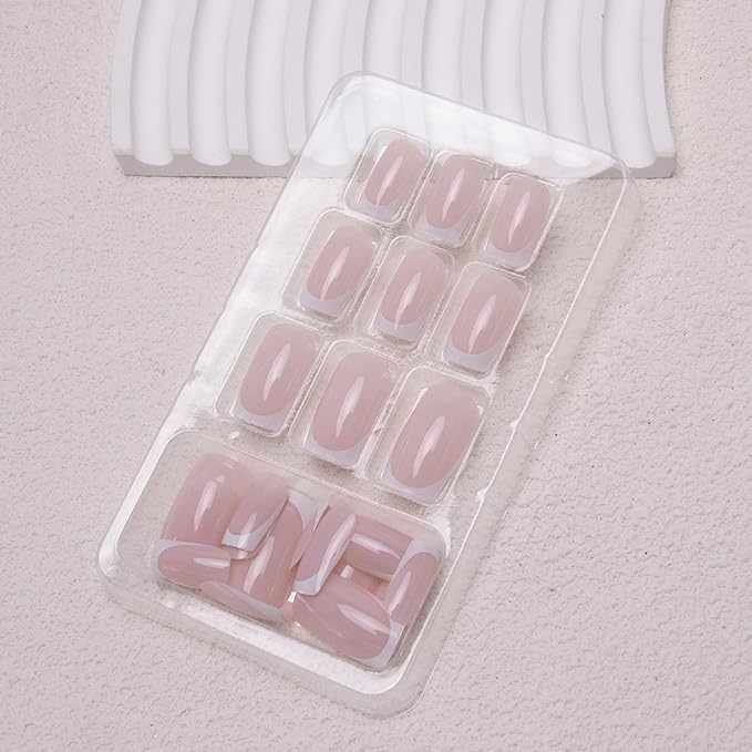 French Tip Press on Nails Short Square Fake Nails White Nail Tips Acrylic Nails Nude Nature False Nails Press ons Stick on Nails Clossy Artificial Nails for Women Girls Manicure 24Pcs