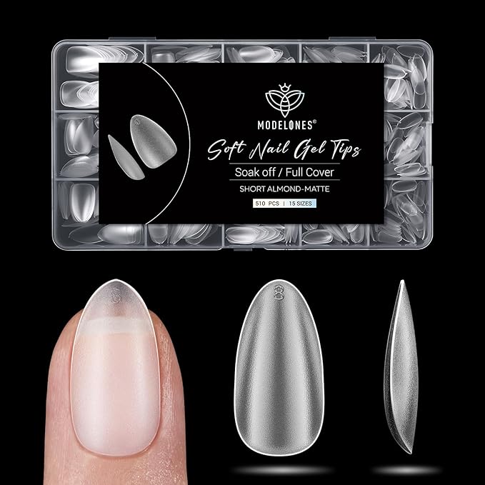 modelones Short Almond Fake Nail Tips - 510Pcs Full Matte Gel Tips Pre-shaped Full Cover Clear Acrylic Gel Kit False Press on Nails for Extension DIY Salon 15Sizes