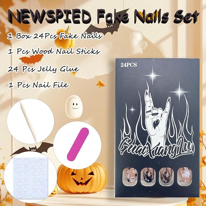 24Pcs Short Almond Press on Nails Halloween Fake Nails with Cute Ghost & Black Cat Bat Designs French Tip Glue on Nails Petite Almond Shaped Acrylic Nails Glossy Nude Full Cover False Nails for Women