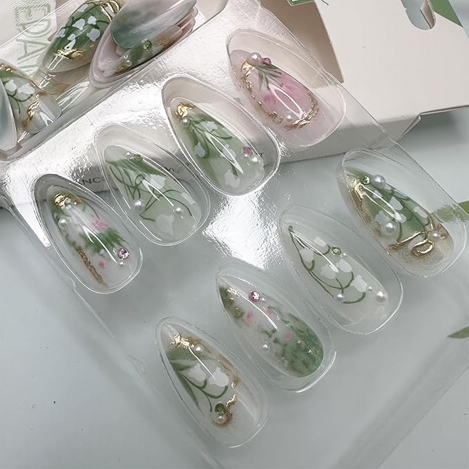 Green Press on Nails Medium Almond Fake Nails with 3D Pearl Rhinestones Designs Gold French Tips Flower Acrylic Nails False Nails White Floral Full Cover Glossy Stick on Nails for Women 24Pcs