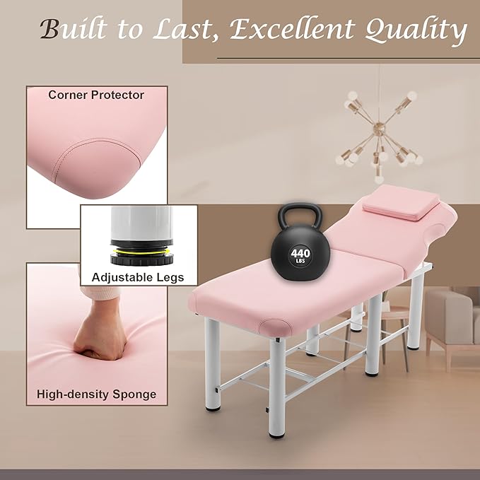 Stationary Massage Bed Professional Adjustable Massage Table Spa Bed 73" x27.5”Stationary Physical Therapy Table with Memory Foam Salon Bed w/Removable Headrest Pink