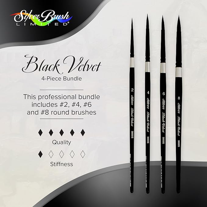 Silver Brush Limited BV-3055S Black Velvet Short Handle Medium Round Brushes, Mixed Filament With Very Soft Tips, 4pc Professional Artist Painting Bundle for Watercolors, Gouache, Dyes & Silk Painting