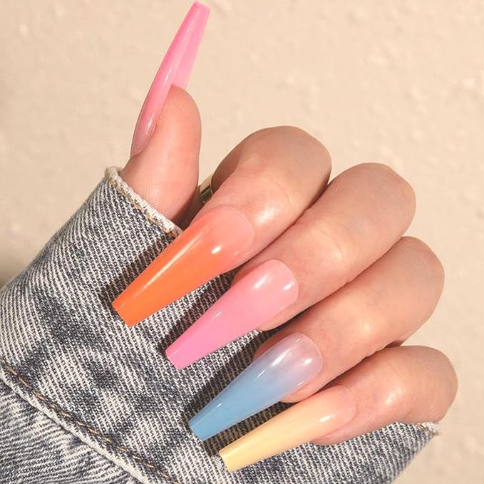 Coffin Press on Nails Long Colorful Fake Nails French Tip Nails Press ons with Color Gradient Design Extra Long Glue on Nails Glossy Acrylic Artificial False Nails for Girls 24Pcs
