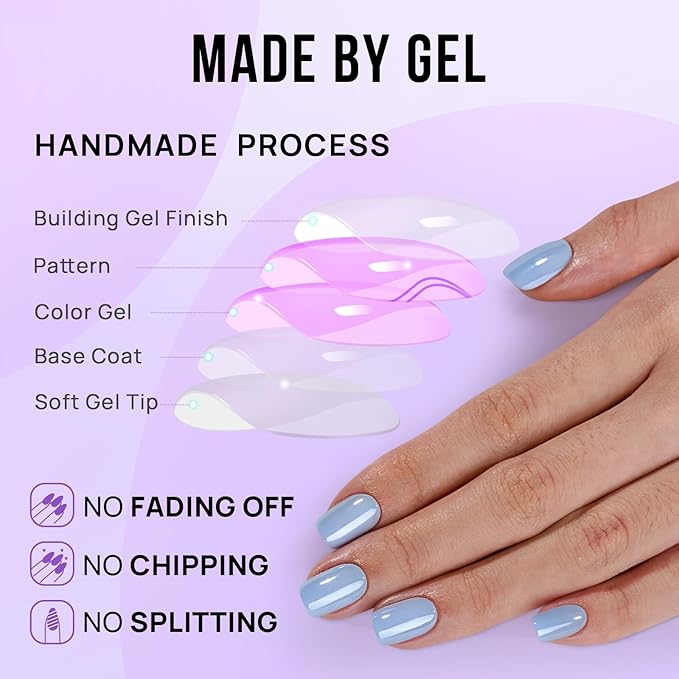 BTArtbox Press On Nails Short - Square Press On Nail, Blue Glossy Nail Tips Glue On Nails with Nail Glue, Reusable Stick On Nails in 15 Sizes - 30 Soft Gel Fake Nails Kit, Ocean Glazed