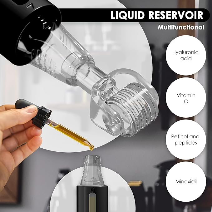 Derma roller with Reservoir for Hair, Beard, Skin, Lips, Wrinkles, Stretch Marks, Hyperpigmentation INSTANT SERUM APPLICATION, 105 Titanium Needles 0.25 mm