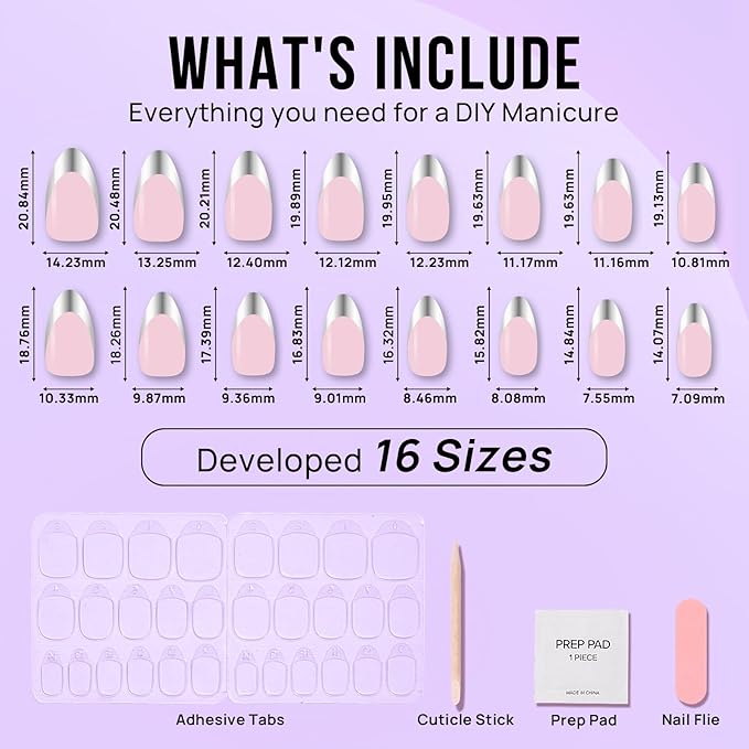 French Tip Press On Nails - BTArtbox Short Almond Fake Nails, Fit Perfectly & Natural Reusable Silver Outline Soft Gel Nails with Nail Glue and Jelly Glue in 16 Sizes, Rock Me