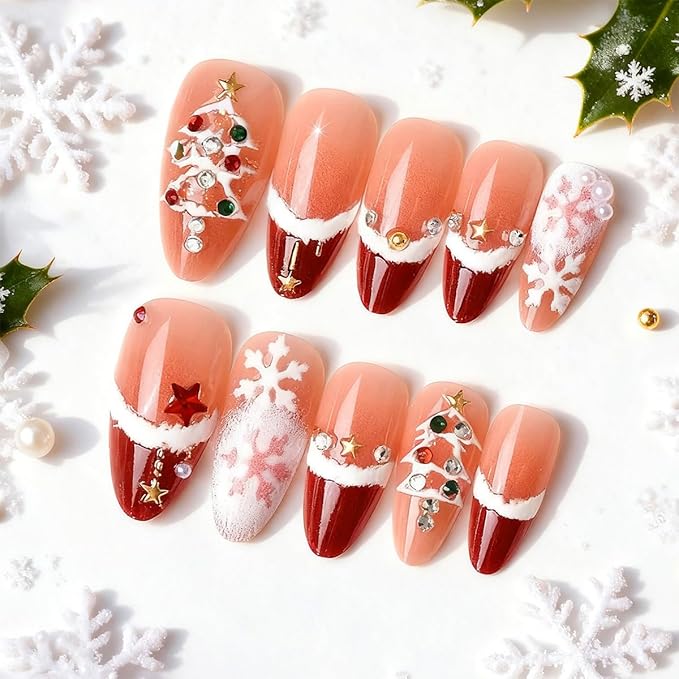 Christmas Press on Nails Medium Almond NEWSPIED Red French Tip Fake Nails with Colorful Rhinestones Design Christmas Tree Snowflake False Nails Winter Nude Pink Glossy Glue on Nails for Women 24Pcs