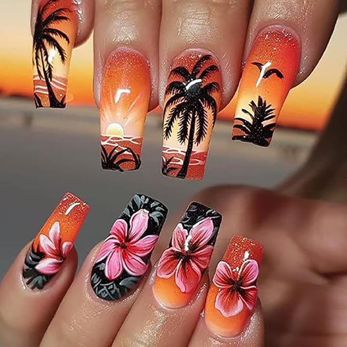 Coconut Tree Flower Press on Nails Long Length Pink Floral Sunset Pattern Design Full Cover Glossy Square Acrylic False Nail Summer Artificial Fingernails 24Pcs Reusable Glue on Nails for Women