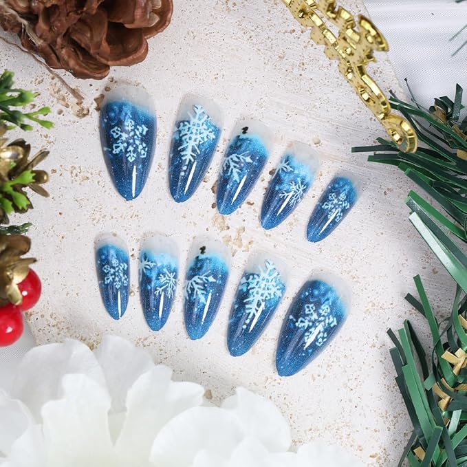 Snowflake Press on Nails Medium Almond Fake Nails Gradient Blue Full Cover Winter False Nails Christmas Glue on Nails White Snow Artificial Acrylic Nail for Women DIY Christmas Nails Decoration 24Pcs