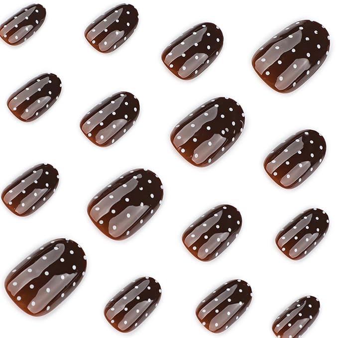 Polka Dots Press on Nails Dark Brown Fake Nails Fall Nail Press ons Short Almond False Nail with Design Reusable Artificial Acrylic Glossy Full Cover Glue on Nails for Women Girls Manicure 24Pcs