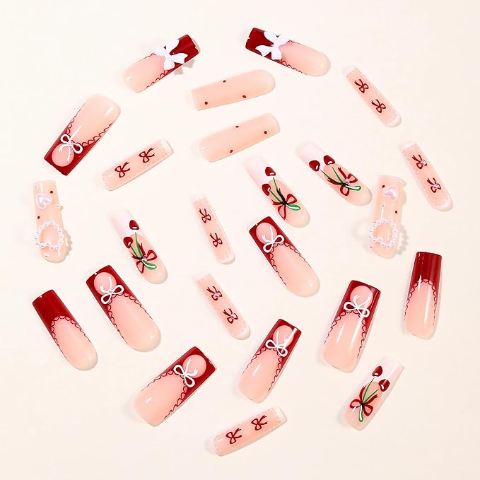 BABALAL Press on Nails Long Square Fake Nails Red White French Tip Artificial Glue on Heart Bow Charm Acrylic Nail Art False Nails 24Pcs Squoval Manicure False Nails Supplies DIY Glossy Stick on Nails