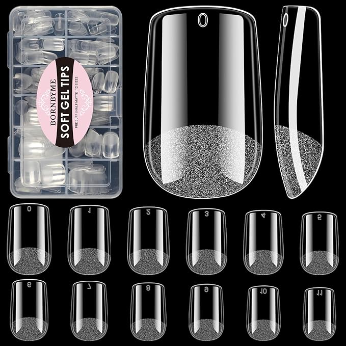Short Square Soft Gel Nail Tips, BORNBYME 216 PCS Pre Buff Full Cover Shaped Nail Extenison Tips Half Matte Gel Nail Tips