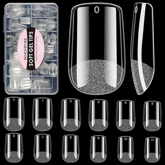 Short Square Soft Gel Nail Tips, BORNBYME 216 PCS Pre Buff Full Cover Shaped Nail Extenison Tips Half Matte Gel Nail Tips