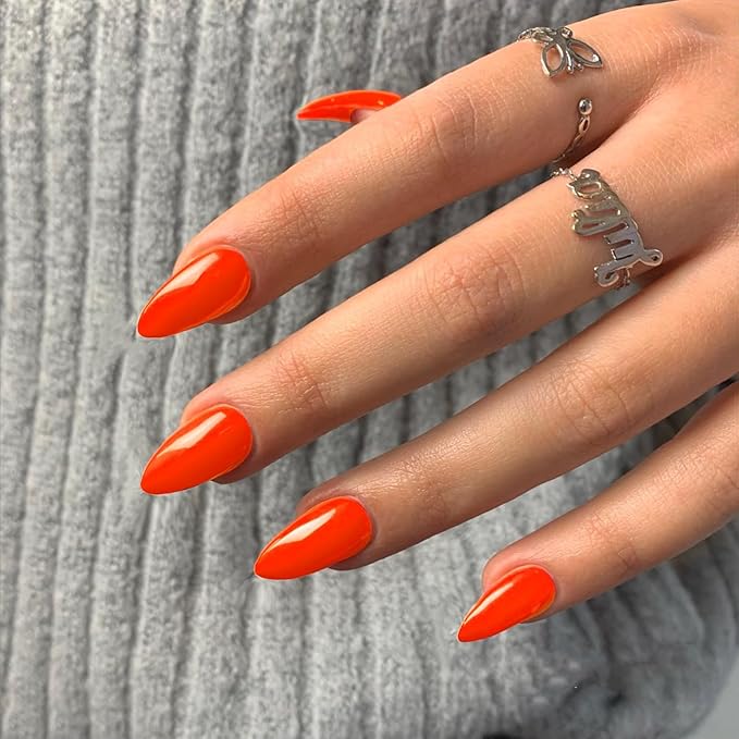48Pcs Orange Press on Nails - Almond Shaped Medium Length Fake Nails, Stiletto False Nails for Women, Thick Natural Acrylic Gel Press ons