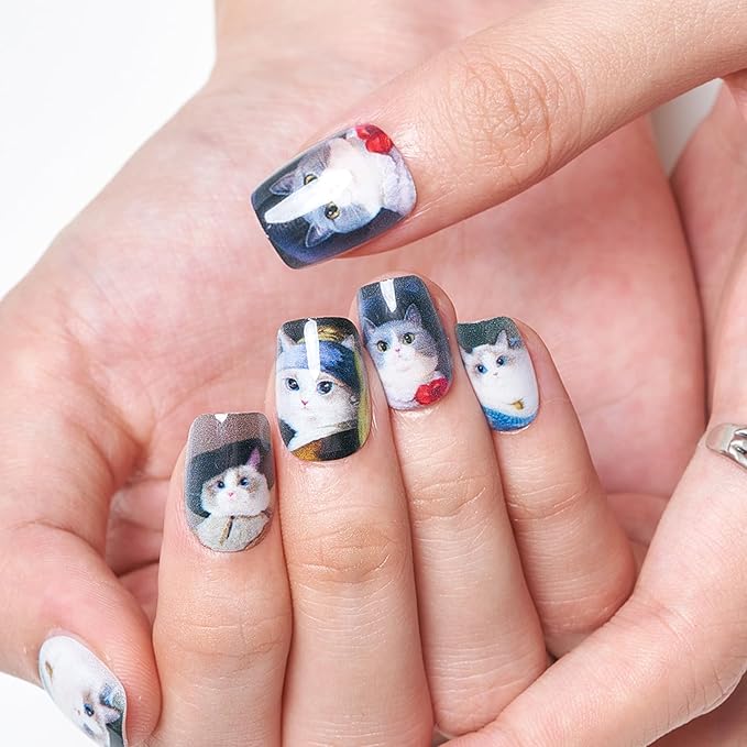 GLAMERMAID Press on Nails Extra Short Square, Winter Forest Foliage Cats Glue on Nails, Glossy Fake Nail Reusable Acrylic False Nails Manicure Kits for Women