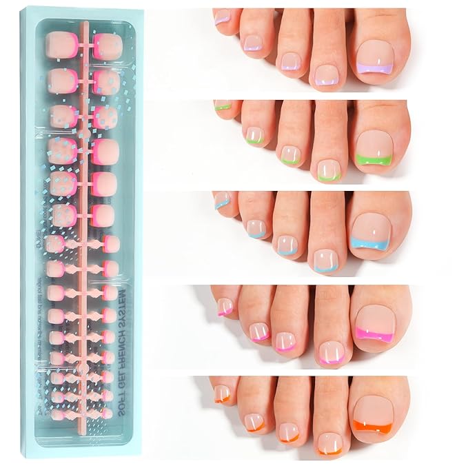 Vansiho Brighter Pastel Press on Toenails Short, French Tips Toenail Press on Square for Women, Soft Gel Fake Toenails, Acrylic Nails Soak off Toenail Home DIY 15 Sizes