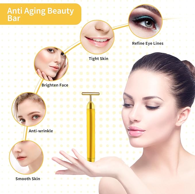 2 Pack T Shape Face Massager Beauty Bar Golden & Pink Facial Massager, Portable Electric Vibration Face Neck Body Massager for Firming Lifting Anti Aging Skin Tightening Wrinkle Reducing