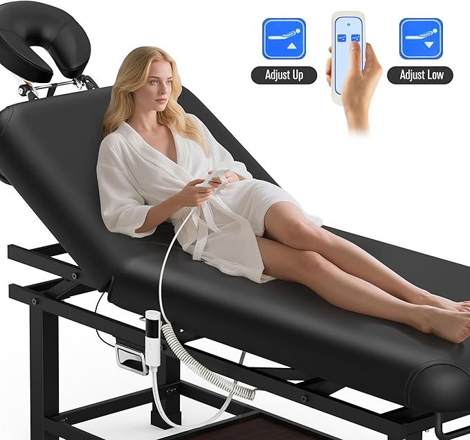 pouseayar Heating Function Heavy Duty Electric Stationary Massage Table with Backrest Adjustable and Storage Space for Treatment/Medical Spa/Facial/Beauty/Massage Bed - 30 x 75 - Black