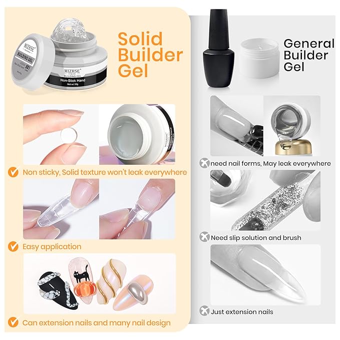 MIZHSE Solid Builder Gel - 1 oz Clear Non Stick Hand Hard Gel with 6 Colors Chrome Nail Powder and Nail Form Extension Kit for Salon and Home DIY