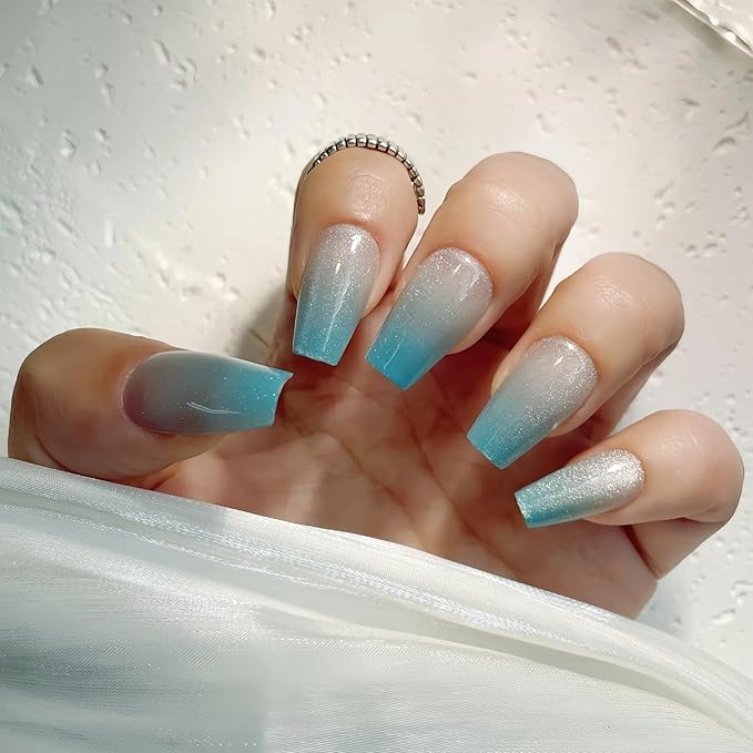 Press on Nails – 30PCS Medium Coffin Cat Eye Fake Nails with 12 Sizes – Gradient Blue Green Glossy Nails for Women – Reusable Glue-On Nails for All Occasions