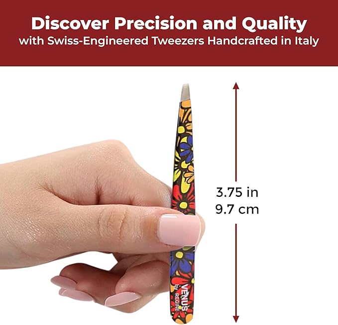 Venus by Regine Slant Tweezers - Handmade Precision Tool for Women & Men, 25-Degree Angle for Shaping Eyebrows & Grooming Facial Contours, Suitable for Eyebrow & Facial Hair Removal (Large Flowers)