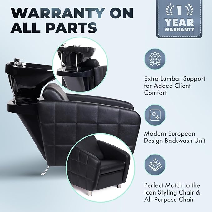 Buy-Rite Icon Shampoo Backwash Unit for Salons & Barbershops, Wide Seat with Lumbar Support, Modern Quilted Vinyl Design, Tilting Porcelain Bowl with Dual Nozzle & Built-In Vacuum Breaker - YLG-192-BW