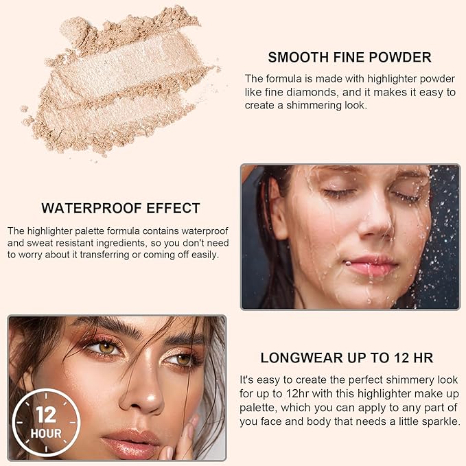 Face Highlighter Palette with Mirror, 8 Colors Glitter Eyeshadow Palette, Diamond Shimmer Glow Contour Palette for Face Highlighters & Luminizers, Long Lasting, Makeup Brush Include